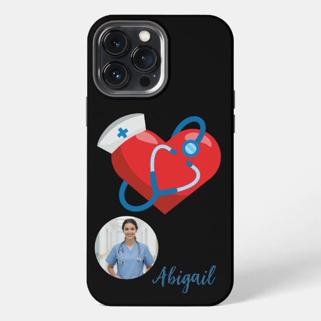 Nursing Student Heart Stethoscope Nurse Name Photo iPhone Case (Back)