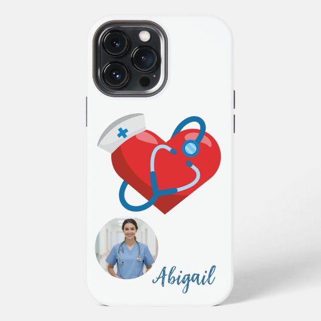 Nursing Student Heart Stethoscope Nurse Name Photo iPhone Case (Back)