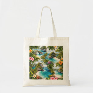 Nusa Penida Bali Tropical Cliff Beach Floral Tote Bag