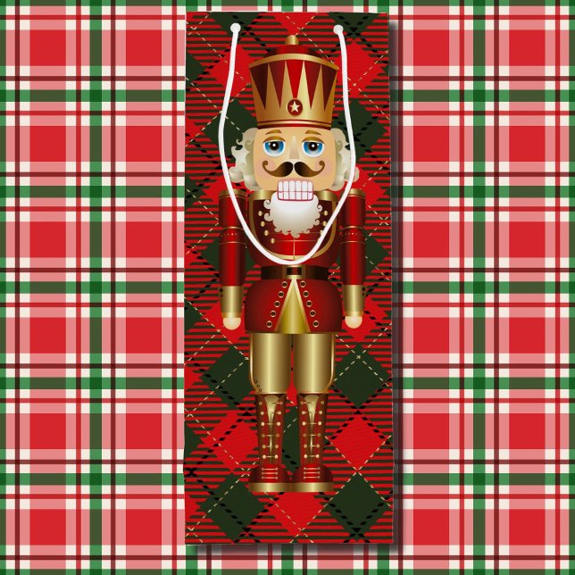 Nutcracker and Christmas Plaid Tall Wine Gift Bag (Creator Uploaded)