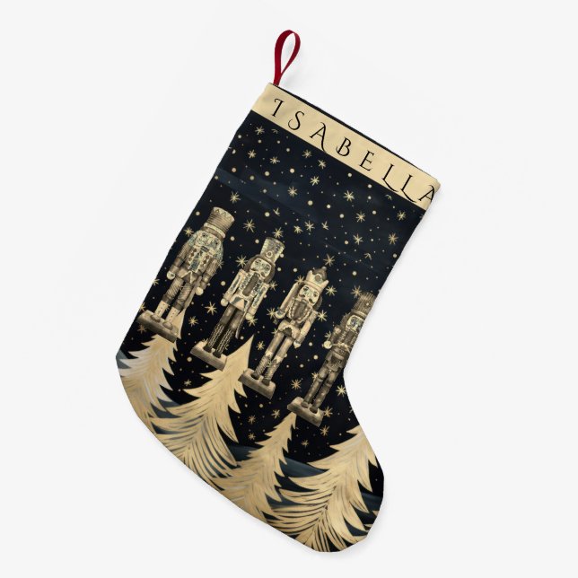   Nutcracker and Golden Christmas Trees with Stars Small Christmas Stocking (Front (Hanging))