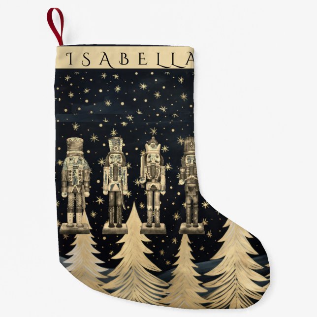   Nutcracker and Golden Christmas Trees with Stars Small Christmas Stocking (Front)