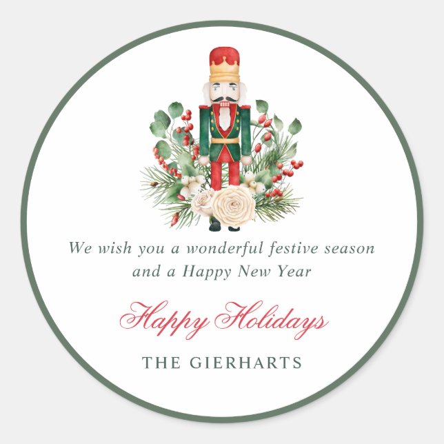 Nutcracker and Greenery Happy Holidays Christmas Classic Round Sticker (Front)