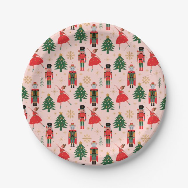 Nutcracker & Ballerina Cute Pink Christmas Paper Plate (Front)