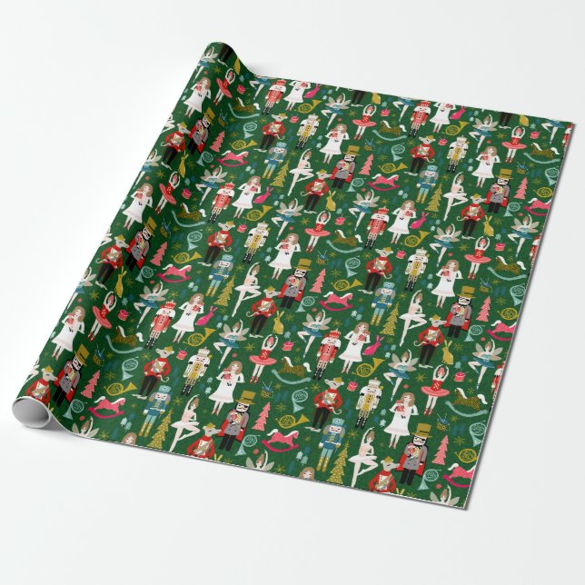 Nutcracker Ballet Characters - green Wrapping Paper (Unrolled)
