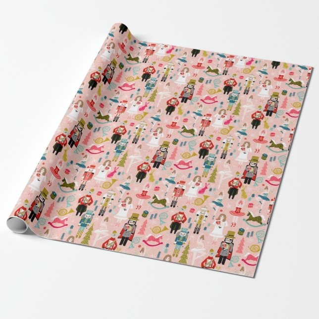 Nutcracker Ballet Characters - pink Wrapping Paper (Unrolled)