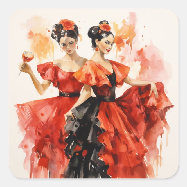 Nutcracker Ballet, Fiery Spanish Dancers in Red Square Sticker (Front)