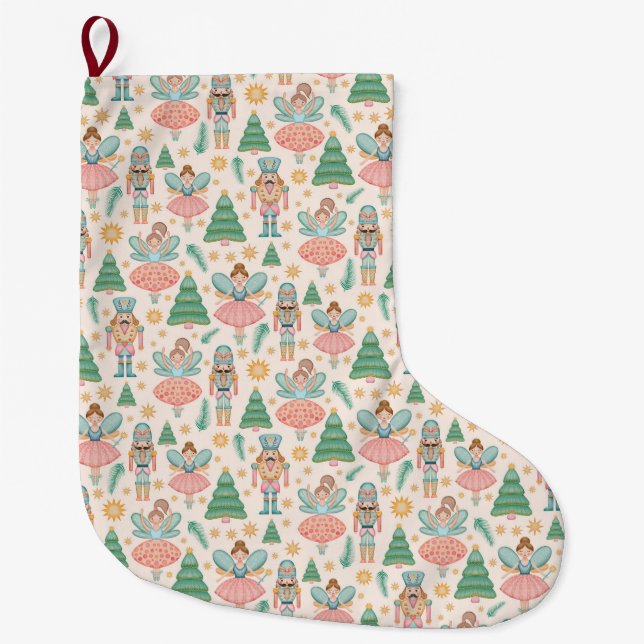 Nutcracker Ballet Holiday Pattern Large Christmas Stocking (Front)