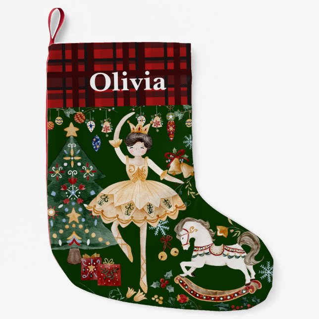 Nutcracker Ballet Sugar Plum Fairy Red Gingham Small Christmas Stocking (Front)
