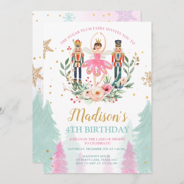 Nutcracker Birthday Girl Ballet Girl Suger Plum Invitation (Front/Back)