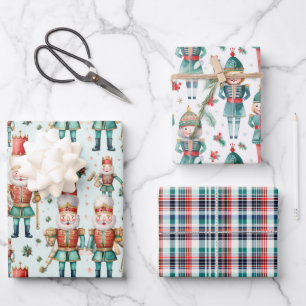 Nutcracker Christmas Greenery & Plaid Wrapping Paper Sheet