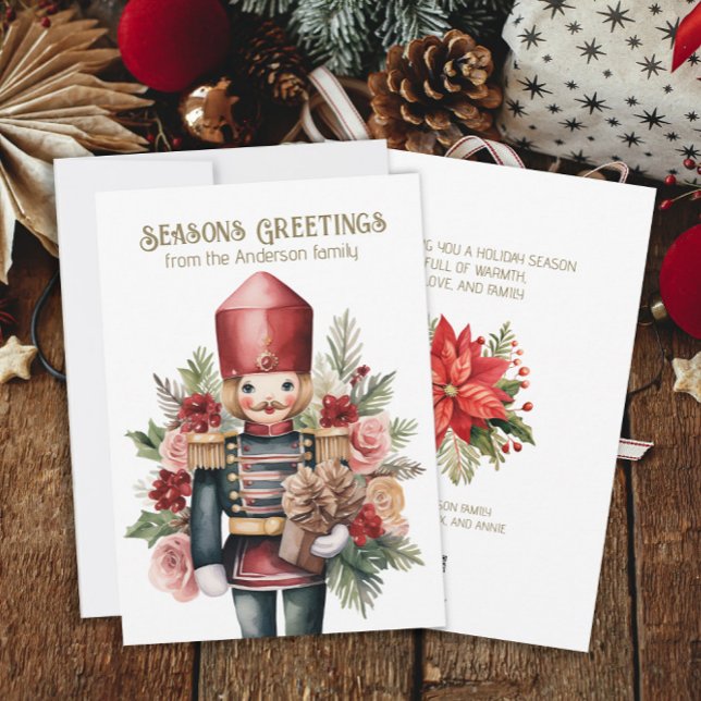 Nutcracker Christmas Holiday Poinsettias  (Nutcracker Christmas holiday greeting card personalized with your family name and message.)