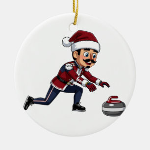 Nutcracker Curling Player Holiday Winter Sports Ceramic Tree Decoration