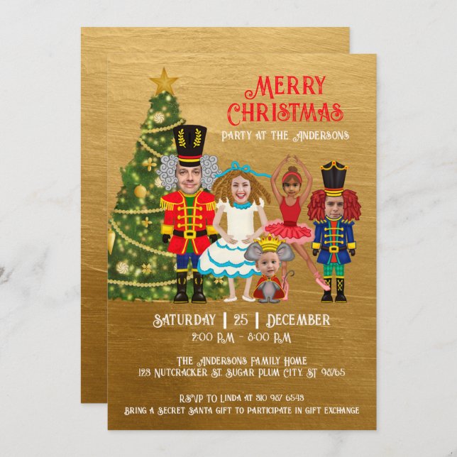 Nutcracker Family of Five Gold Christmas Party Invitation (Front/Back)