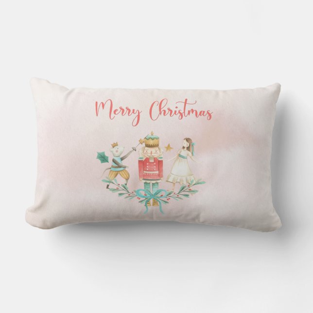 Nutcracker Girl Christmas Kids Pink Watercolor Lumbar Cushion (Front)