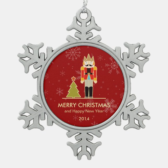 Nutcracker Merry Christmas and Happy New Year 2014 Snowflake Pewter Christmas Ornament (Front)