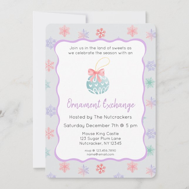 Nutcracker Pastel Christmas Ornament Exchange Invitation (Front)