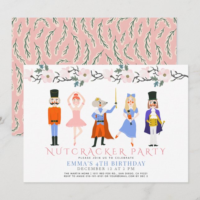 Nutcracker Pink Christmas Floral Girl Birthday Invitation (Front/Back)