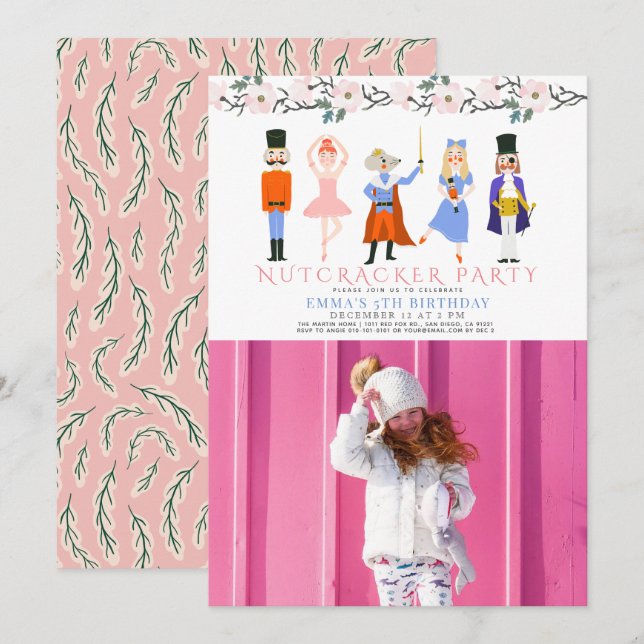Nutcracker Pink Christmas Girl Birthday Photo Invitation (Front/Back)