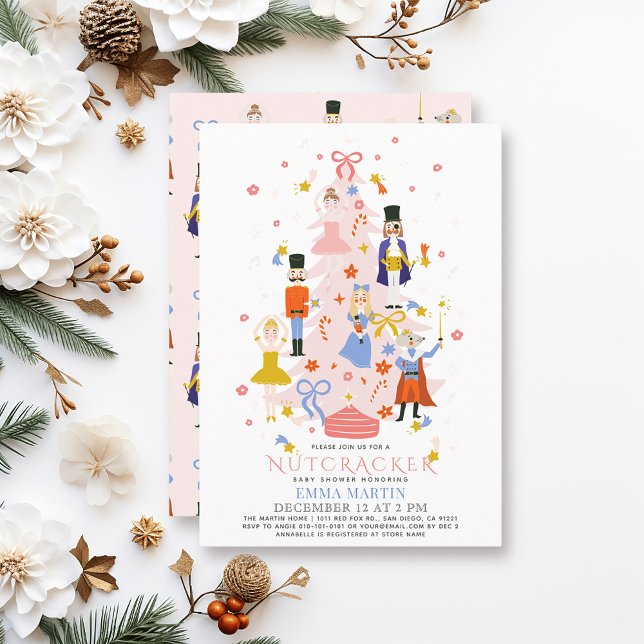 Nutcracker Pink Christmas Tree Baby Shower Invitation (Creator Uploaded)