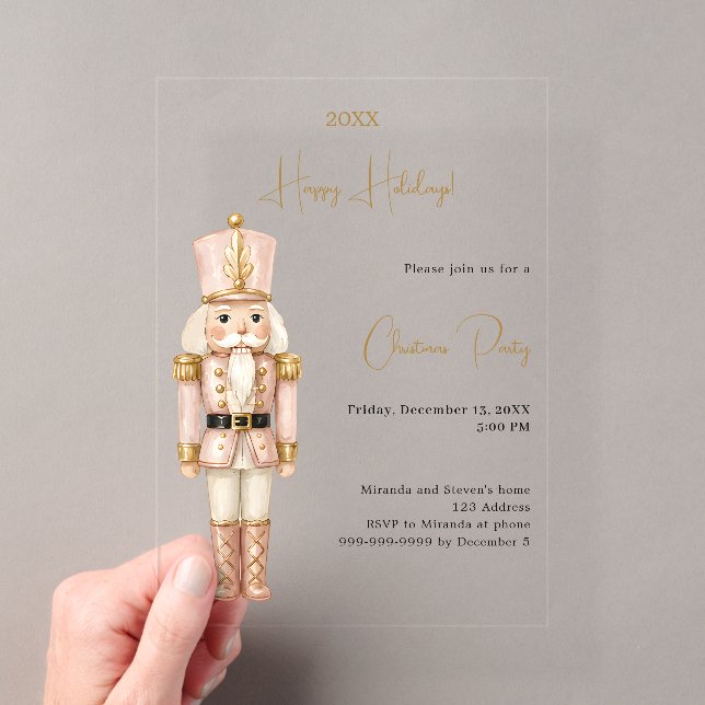 Nutcracker Pink Minimalist luxury Christmas Party Acrylic Invitations (Insitu (Handheld))