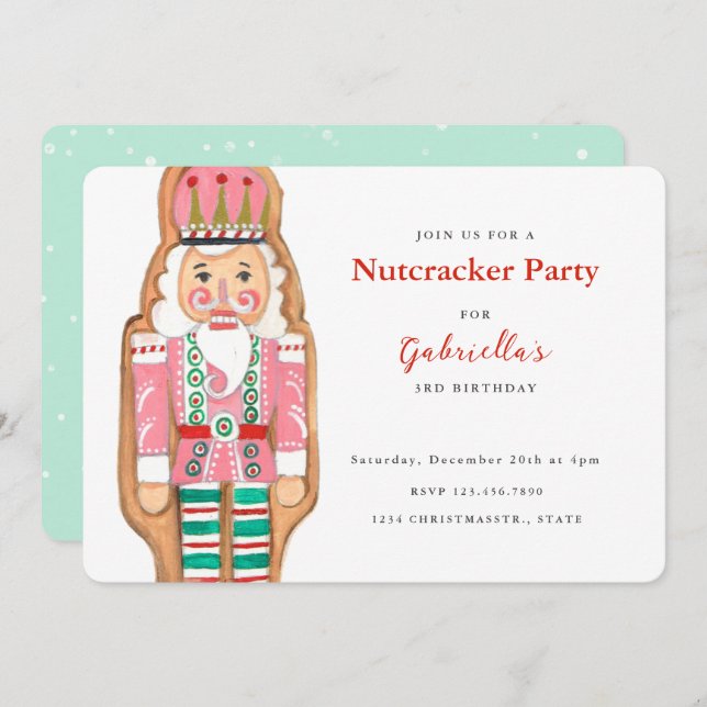 Nutcracker pink & turquoise winter Snow Holiday Invitation (Front/Back)