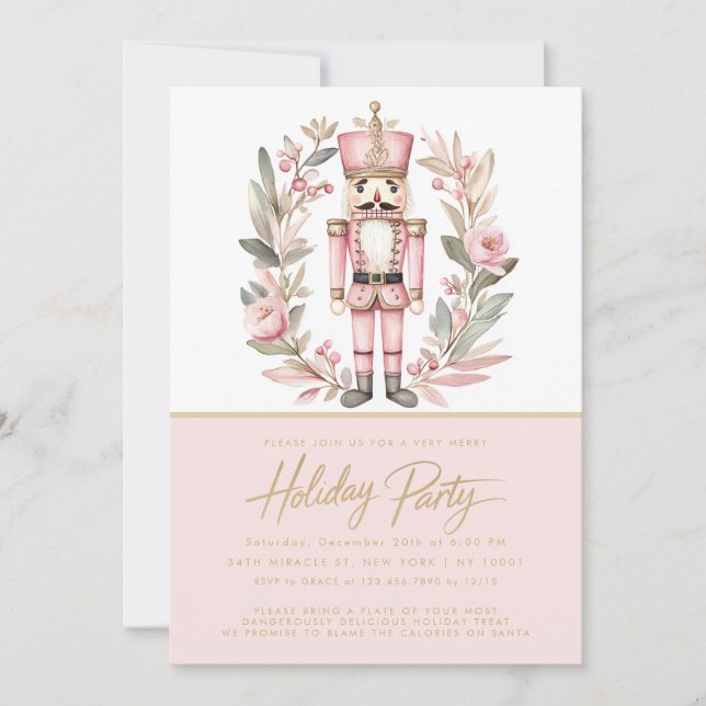 Nutcracker Pink Wreath Christmas Holiday Party Invitation (Front)