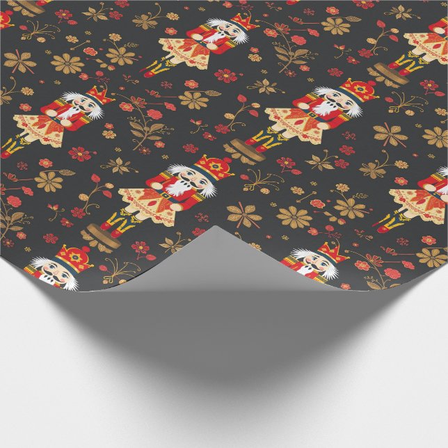 Nutcracker Red Brown Floral Traditional Wrapping Paper (Corner)