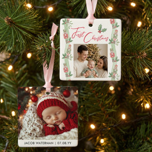 Nutcracker Red Green Baby First Christmas Photo Ceramic Ornament
