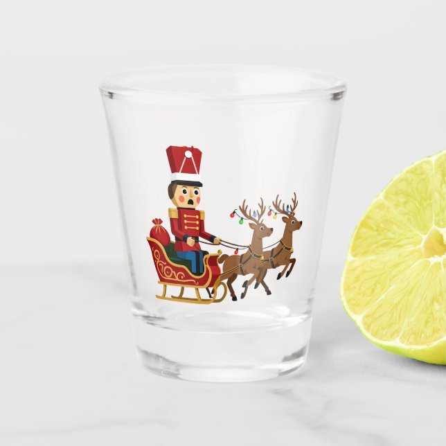 Nutcracker Riding a Magical Christmas Sleigh Shot Glass (Front)