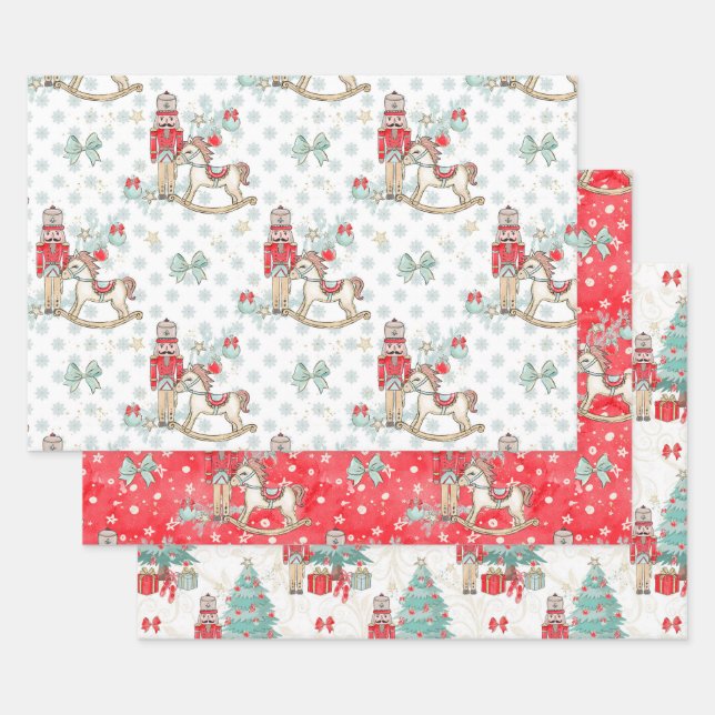 Nutcracker, rocking horse, Christmas tree Wrapping Paper Sheet (Set)