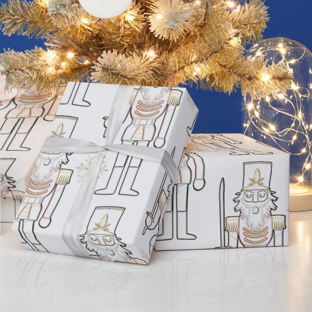   Nutcracker Shadow Outline Snowflakes White Wrapping Paper (Holidays)