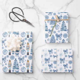 Nutcracker silver blue bows Christmas gift Wrapping Paper Sheet
