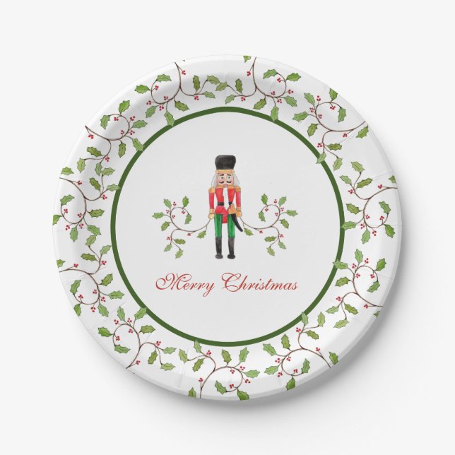 Nutcracker soldier & Holly Christmas party  Paper Plate (Front)