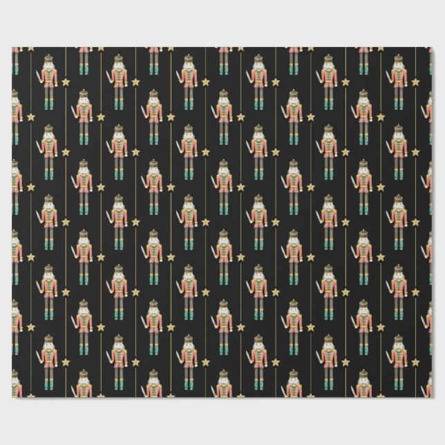 Nutcracker Stars Stripes Black Christmas Wrapping Paper (Flat)