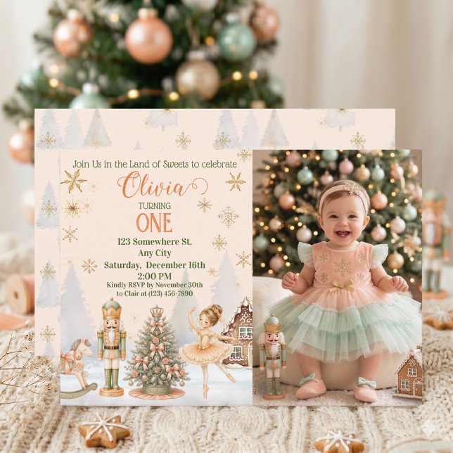Nutcracker Sugar Plum Peach Mint Sweet One Photo Invitation (Personalized Sweet One Nutcracker Photo Birthday invitation)
