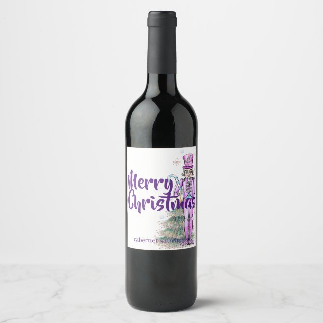 Nutcracker Theme Purple Christmas Wine Label (Front)