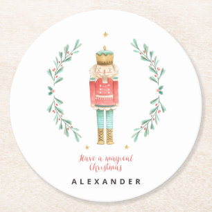 Nutcracker watercolor botanical cute Christmas Round Paper Coaster