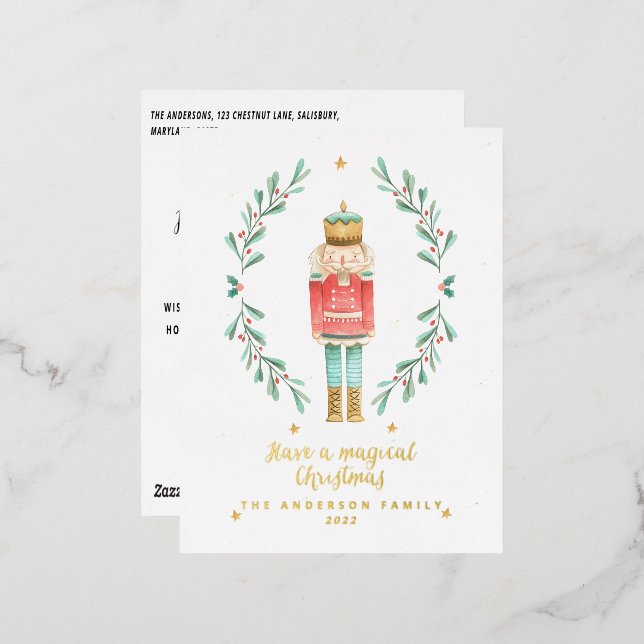 nutcracker watercolor botanical cute foil holiday postcard (Front/Back)