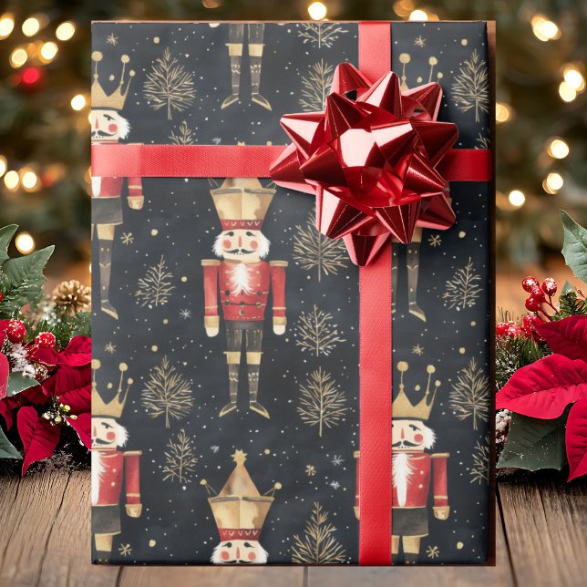 Nutcracker Watercolor Gold Red & Black Christmas Wrapping Paper (Creator Uploaded)