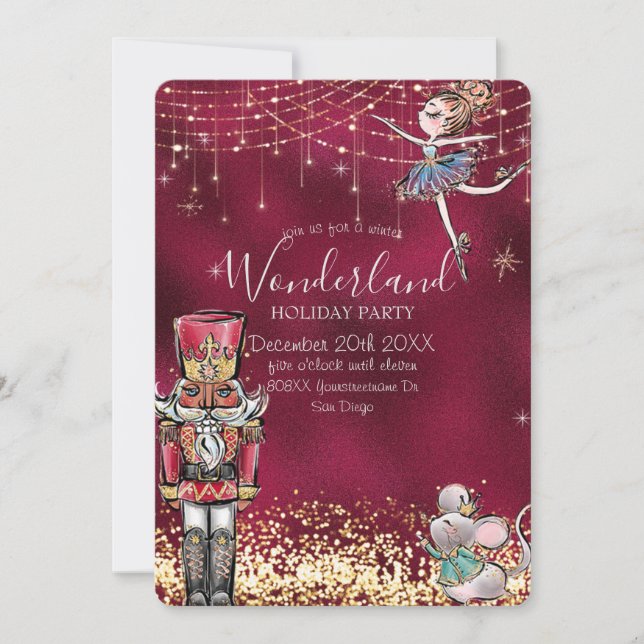 Nutcracker Winter Wonderland Christmas on Burgundy Invitation (Front)