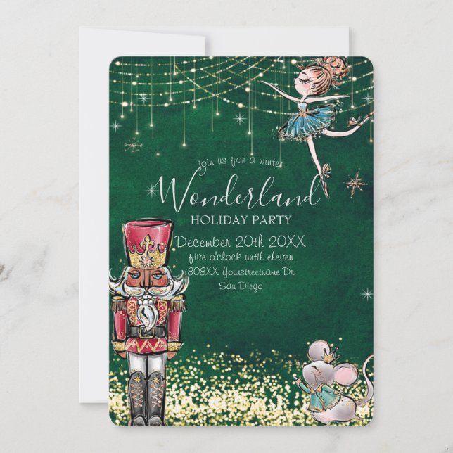 Nutcracker Winter Wonderland Christmas on Green Invitation (Front)