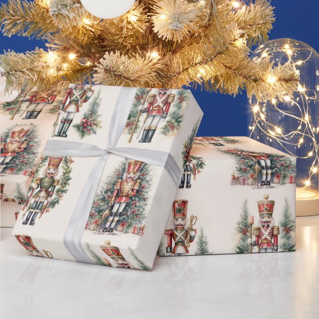 Nutcracker With Christmas Tree Vintage Pattern Wrapping Paper (Holidays)