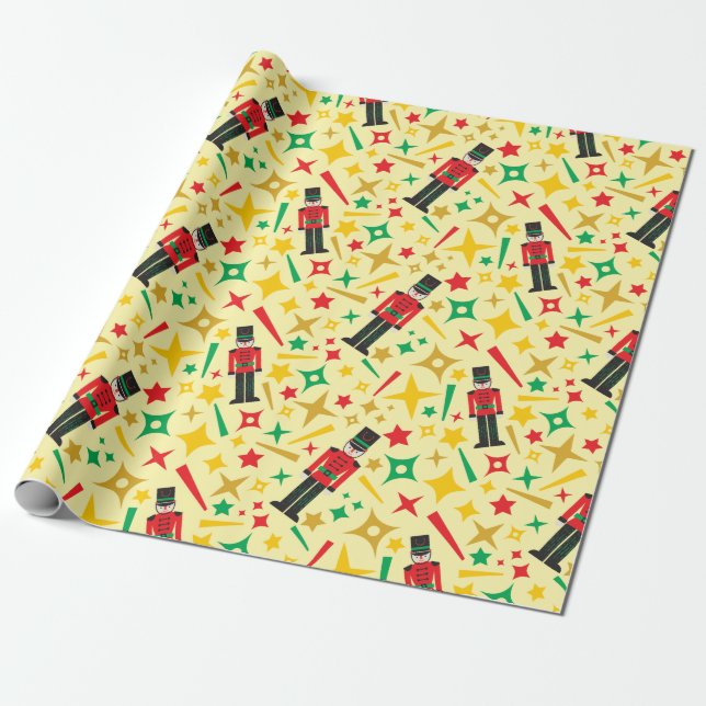 Nutcrackers and Colourful Stars Christmas Seamless Wrapping Paper (Unrolled)