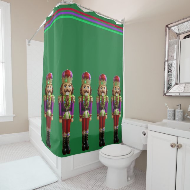 Nutcrackers Fun Christmas Green Purple Shower Curtain (In Situ)