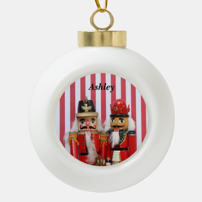 nutcrackers on stripes ceramic ornament (Front)