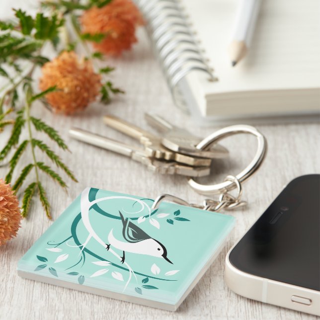 Nuthatch Art With Light Blue Background Key Ring (Front Right)
