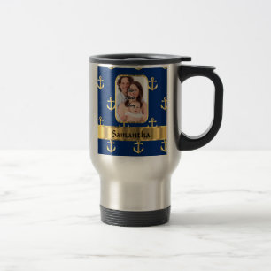 Nutical blue and gold anchor patterned travel mug