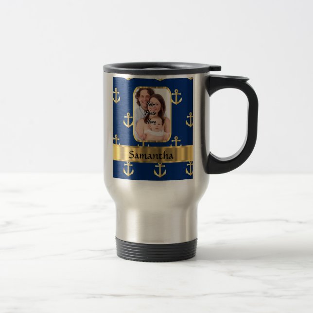 Nutical blue and gold anchor patterned travel mug (Right)
