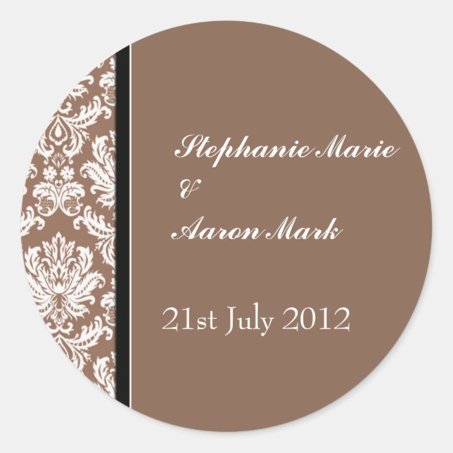 Nutmeg Classic Damask Wedding Label Sticker (Front)